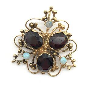 14K Solid Yellow Gold Vintage Garnet Opal Brooch Pin Pendant